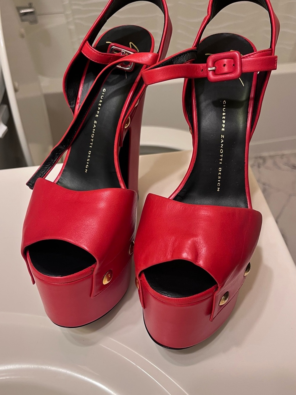 Vintage Guiseppe Zanotti Red Platform High-Heels with Gold Studs - Picture 6 of 6